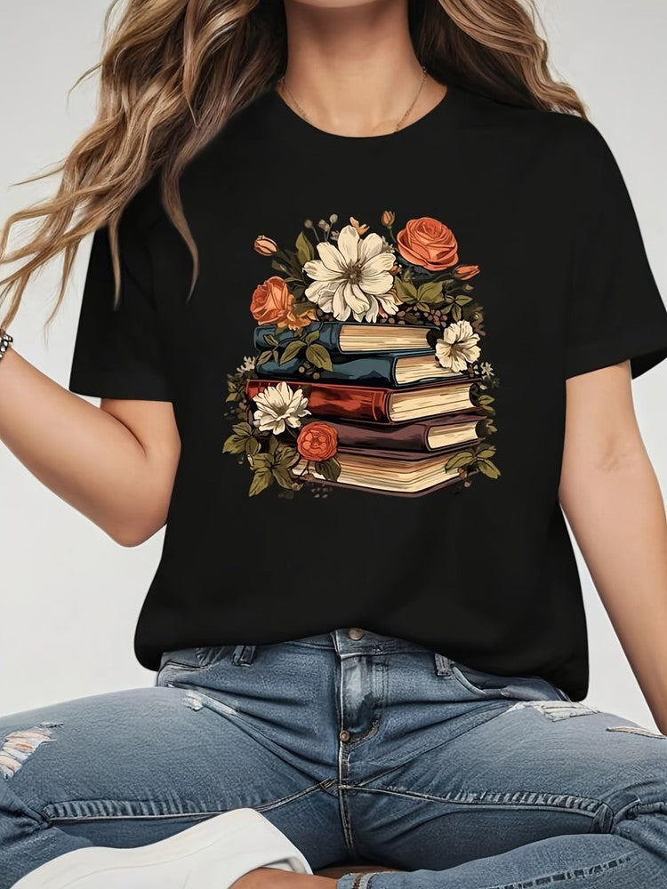 Floral Bookstack T-Shirt | Academic Aesthetic Graphic Tee