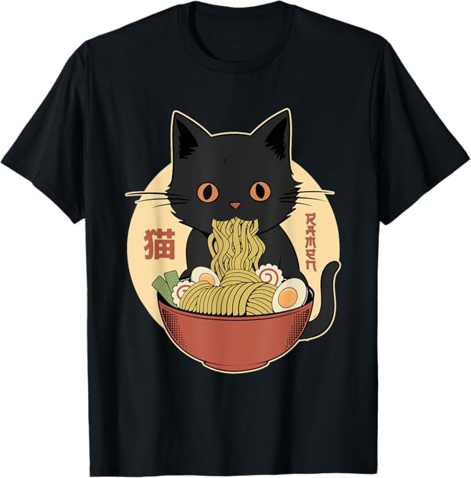 Cat Ramen Funny Graphic Tees Japanese Kawaii Cat Anime T-Shirt