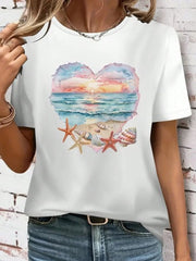 Women's Beach Sunset Heart Starfish Shell Watercolor Graphic T-Shirt Summer