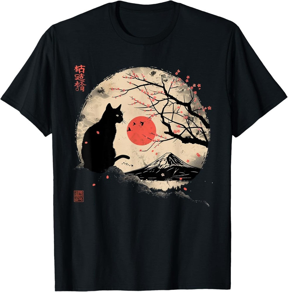 Black Cat Vintage Japan Art Japanese Theme Retro Print T-Shirt