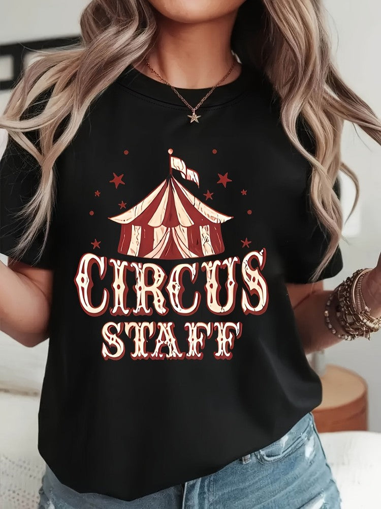 Women Circus Staff Letter Print T-Shirt Short Sleeve Casual Crew Neck Summer Tee