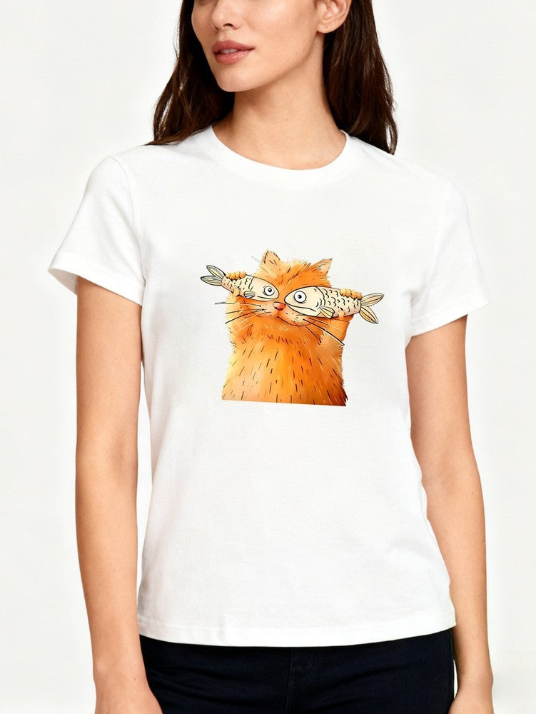Cute Orange Cat Fish Women T-Shirt Funny Graphic Tee for Cat Lovers Casual Wear