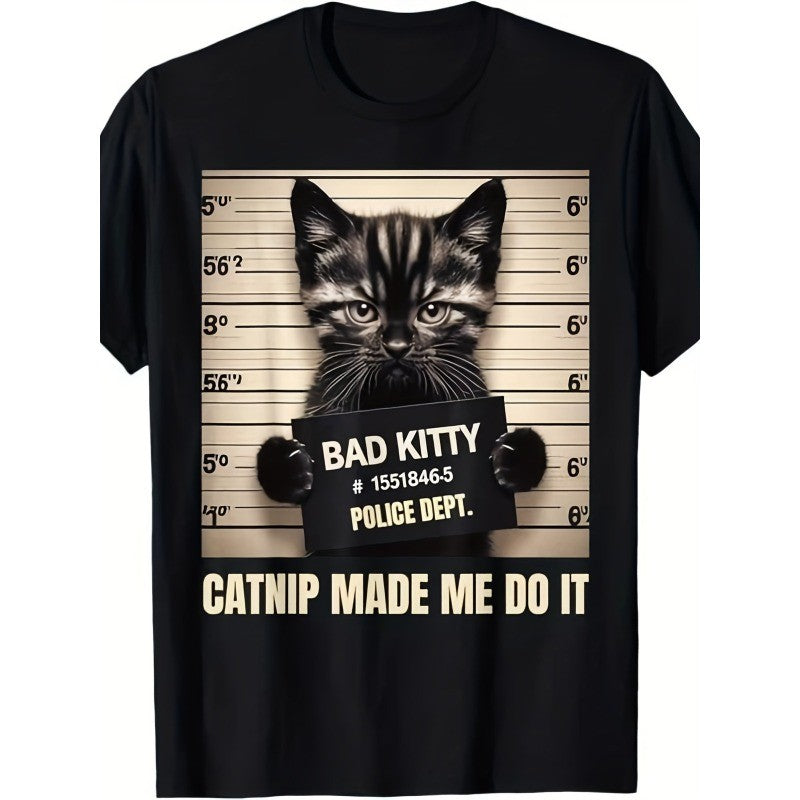 Funny Cat Mugshot Made Me Do It Print Graphic Tshirt Pet Lover Humor Tops For Men，Round Neck，Short Sleeve，Casual Men Tshirt