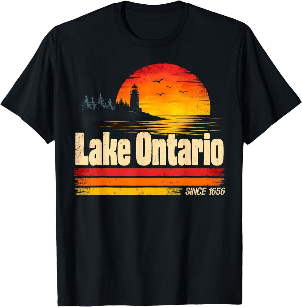 Lake Ontario Since 1656 Vintage T-Shirt, Retro Sunset Lighthouse Graphic Tee, Men Women Casual Short Sleeve Top