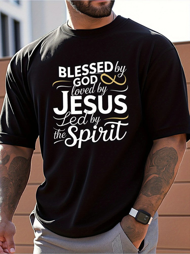 Men's Religious Faith T-Shirt - "Blessed by God, Loved by Jesus, LED by the Spir