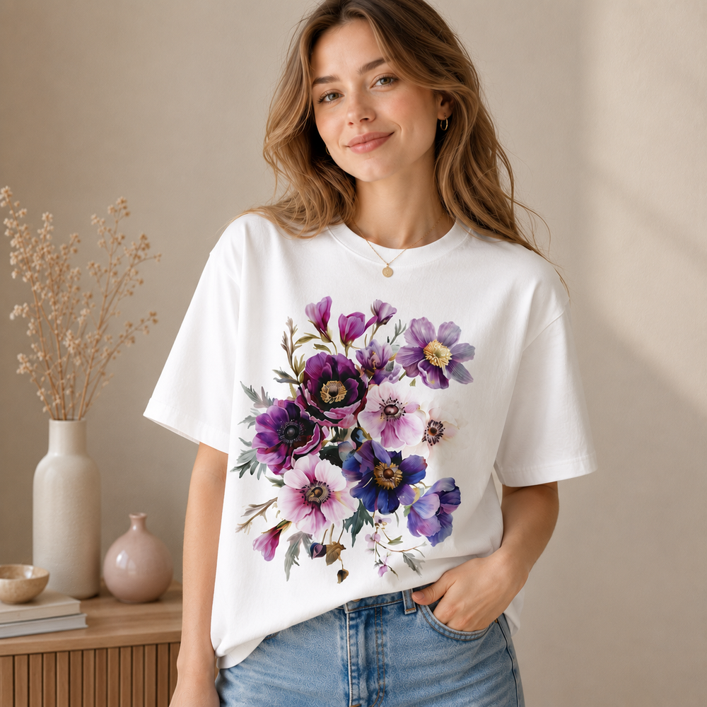 Floral T-Shirt Women Graphic Tee Aesthetic Flower Bouquet Print Top