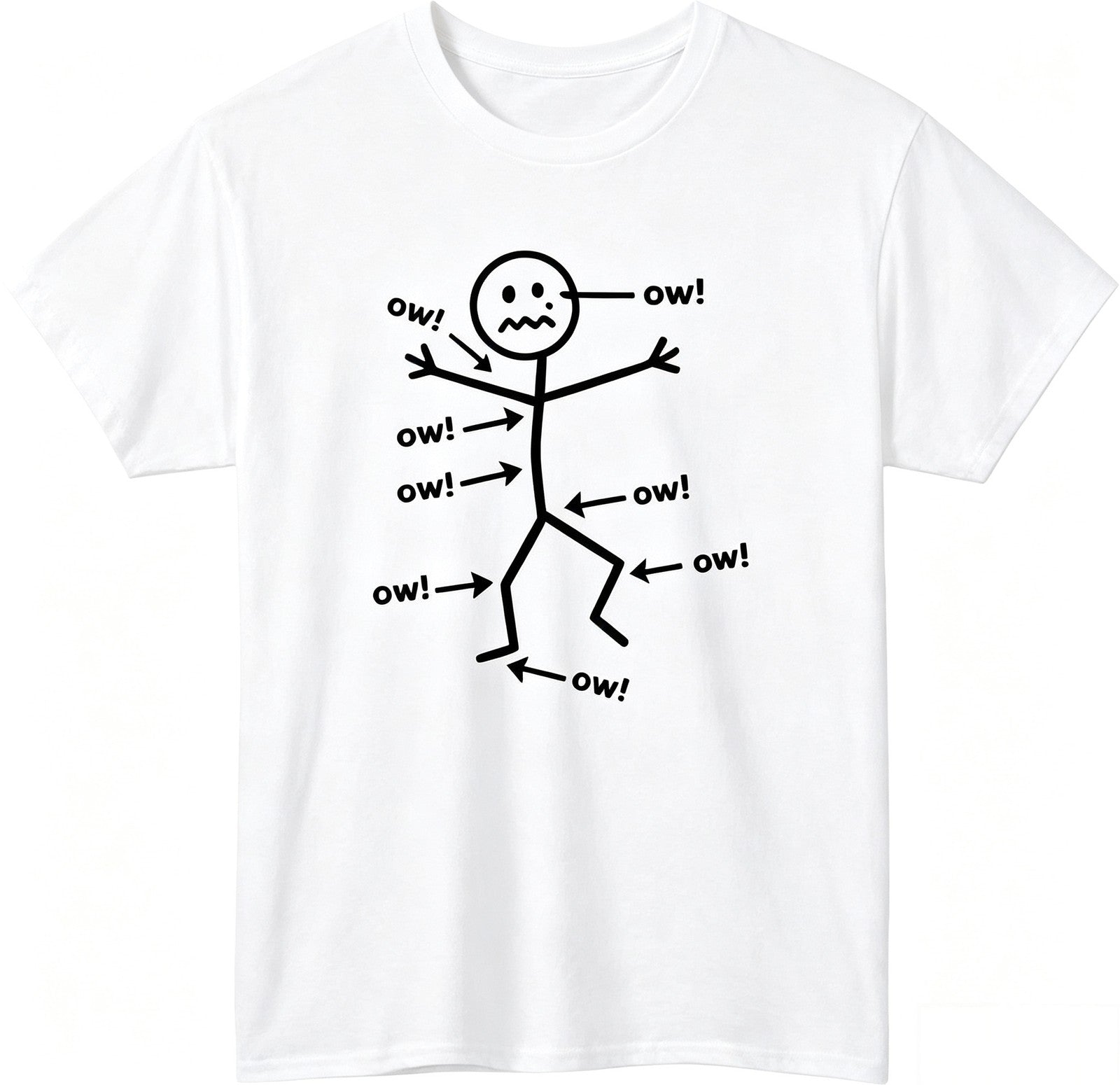 Funny Ow Stick Figure Graphic T-Shirt, Sarcastic Pain Humor Meme Unisex Short Sleeve Crew Neck Tee