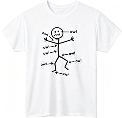 Funny Ow Stick Figure Graphic T-Shirt, Sarcastic Pain Humor Meme Unisex Short Sleeve Crew Neck Tee