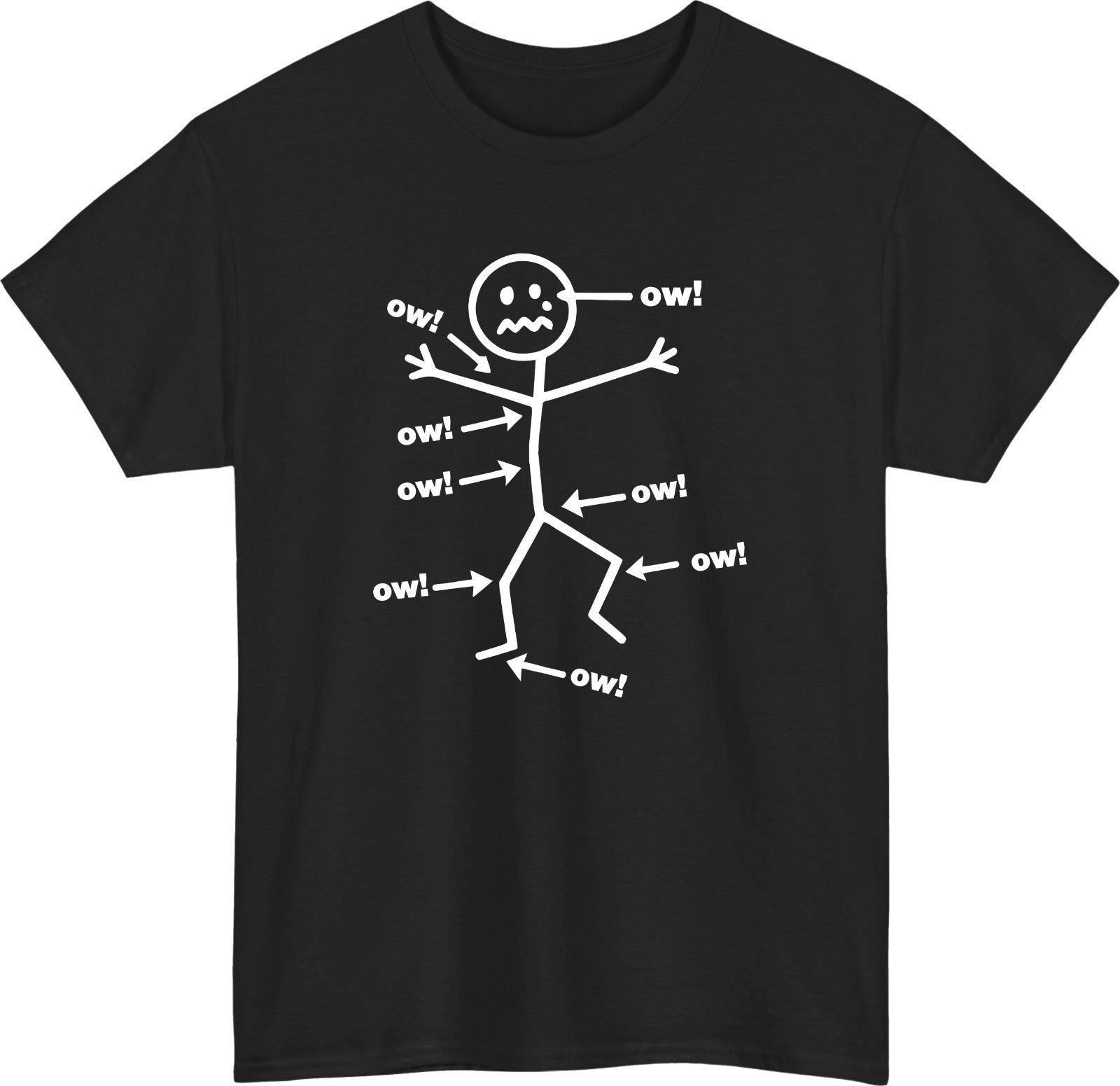 Funny Ow Stick Figure Graphic T-Shirt, Sarcastic Pain Humor Meme Unisex Short Sleeve Crew Neck Tee